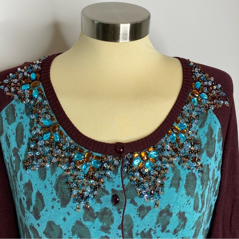Michelle Nicole Burgundy and Teal Beaded Button Front Cardigan Sweater - Picture 2 of 8